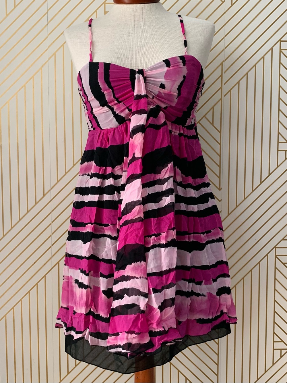 Vintage Express 100% silk tiered striped zebra Layered Dress Mini strapless 8